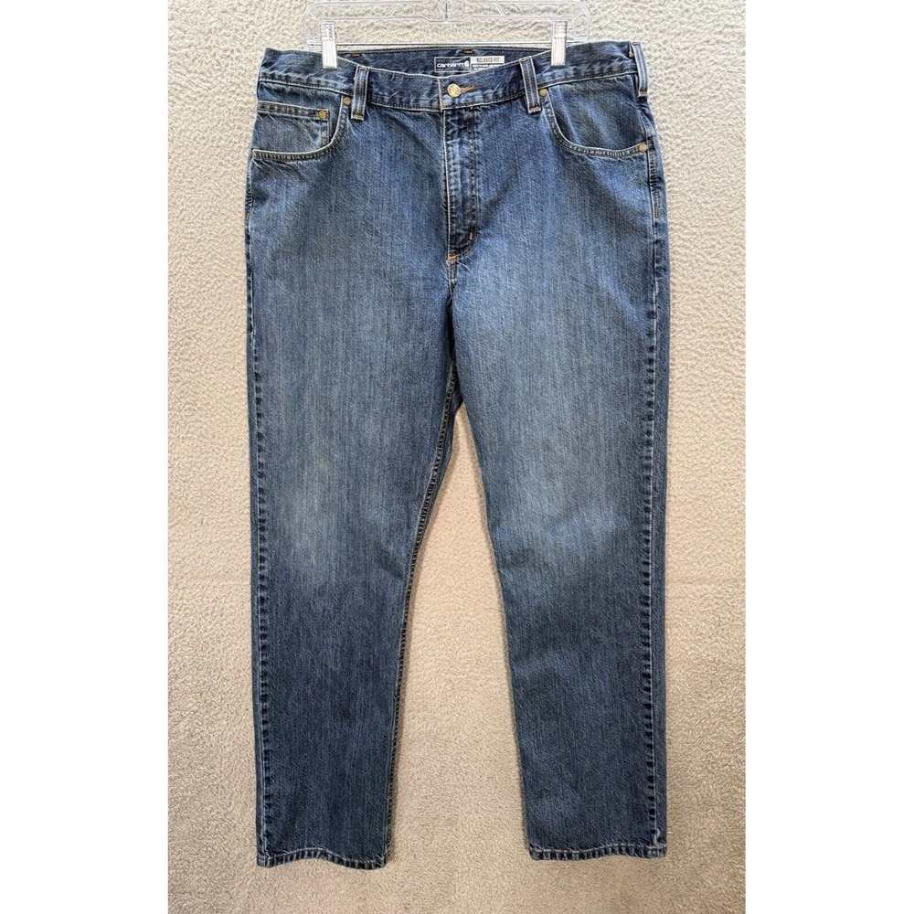 Carhartt Jeans Mens 38x34 Blue Relaxed Straight Distressed Workwear Barn Chore *